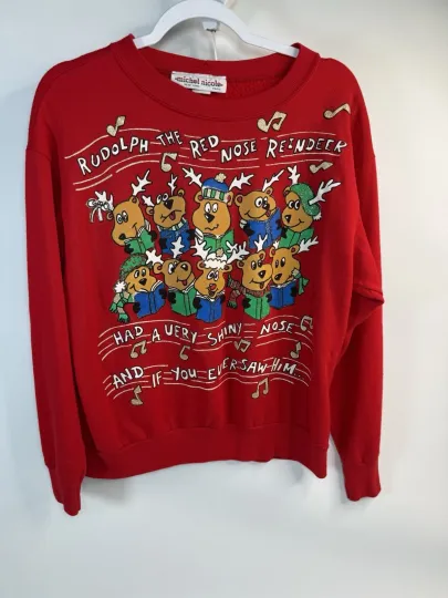 Vintage Michel Nicole Ugly Christmas Sweater Red Rudolph Large Made in USA