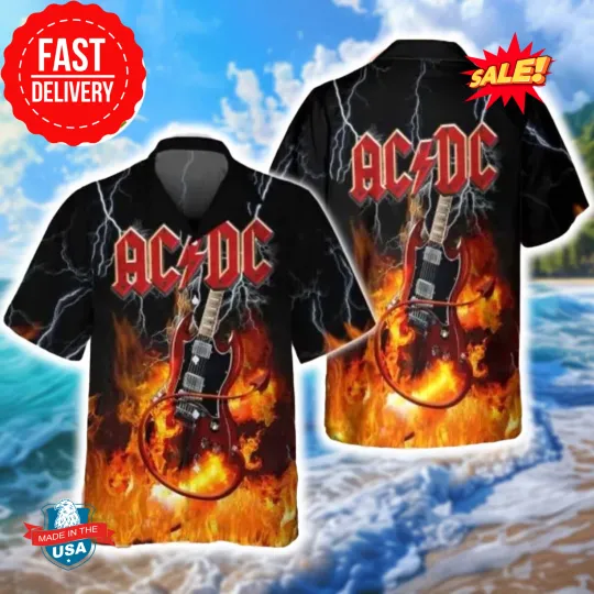 Discover AC-DC Thunderstruck Guitar Flames Black Background 2025 Hawaiian Shirt