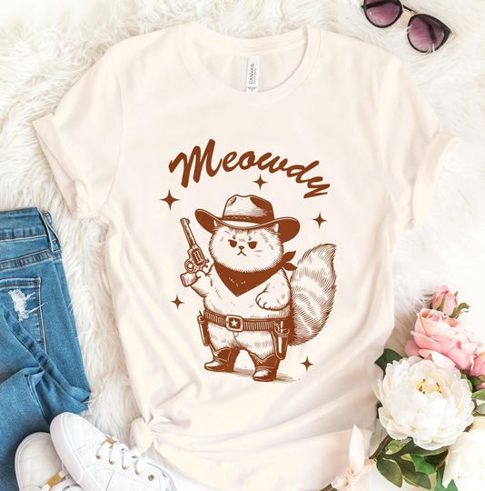 Discover Meowdy Cowboy Cat Shirt, Funny Retro Shirt, Chubby Cat Tee, Funny Cowboy Gift, Cute Vintage Shirt, Cute Kitten Shirt, Cat Meme Tee, Gag Gift