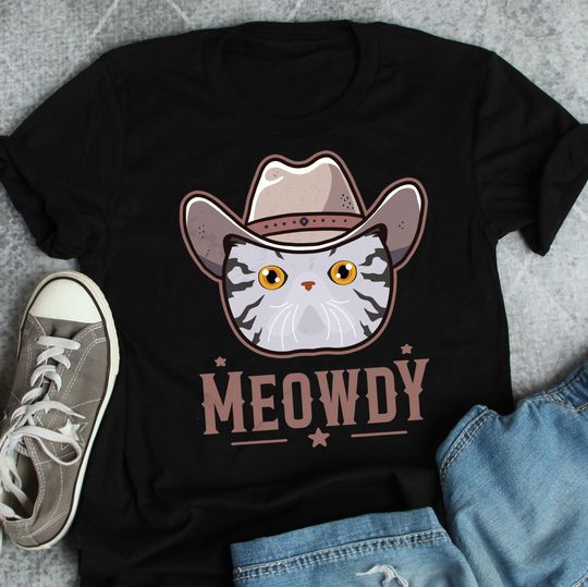 Discover Foldex Cat Meowdy Shirt, Women, Men, Funny Cowboy Cat Lover Gift, Cute Howdy T-shirt, Pet Cat Mom, Dad Tee, Western Texas Yeehaw Meme