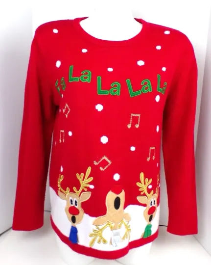 Discover Holiday Time Ugly Christmas Sweater  Fa La La Singing Reindeer Red XL 16/18