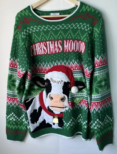 Holiday Time Christmas Moo Cow Ugly Sweater Green Red Medium M (38-40) Acrylic