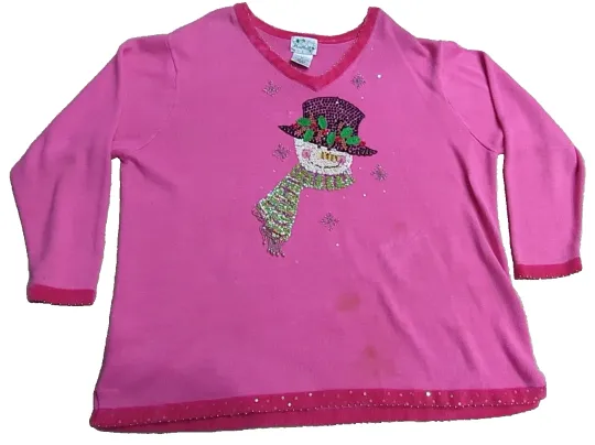 Vintage Ugly Christmas Sweater PINK SEQUIN SNOWMAN Womens 3x