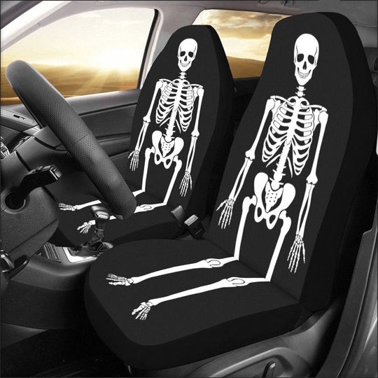 Discover Skeleton Car Seat Covers 2 pc, Goth Bones Print Black White Skull Front Seat Universal Fit Car SUV Seat Protector Accessory Decoration