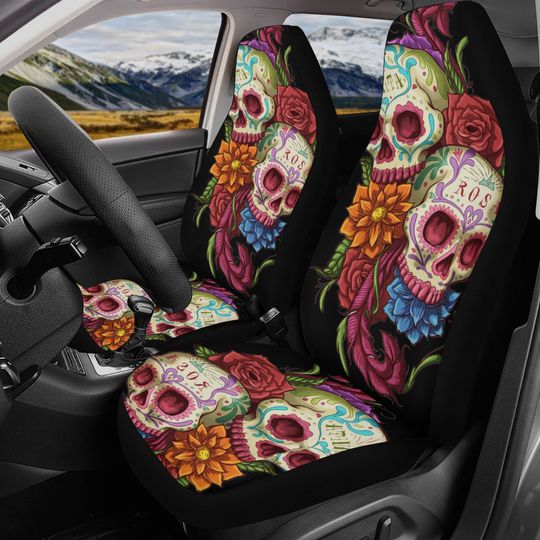 Discover Sugar skull seat cover for car, Dia de los muertos skull Seat Covers mat for car, Candy skull car seat protector skull seat cover for car