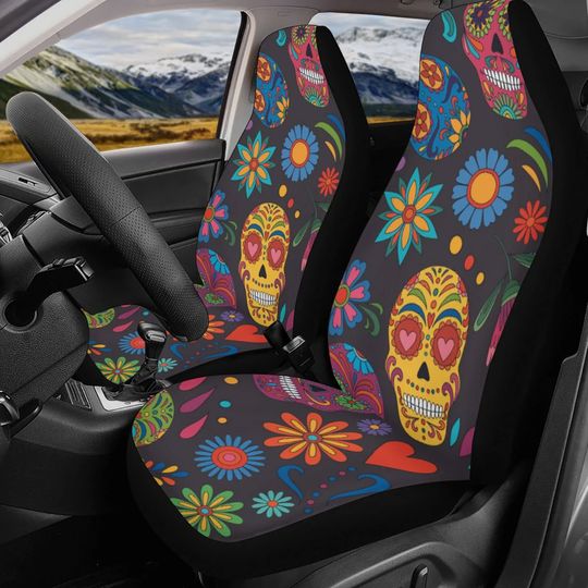 Discover Floral Sugar skull Car Seat Covers car mats, Rose Candy skull car seat cover mats mexican gothic skull car seat protector covers mats