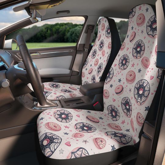 Discover Halloween Coquette Set of 2 Car Seat Covers, Pink Bows, Ghosts & Hearts, Kawaii Girly Car Decor, Spooky Cute Auto Accessories for Women
