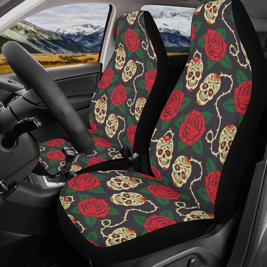 Discover Floral skull pattern Car Seat Covers car mats Rose Candy skull car seat cover mats Halloween rose gothic skull car seat protector covers mat