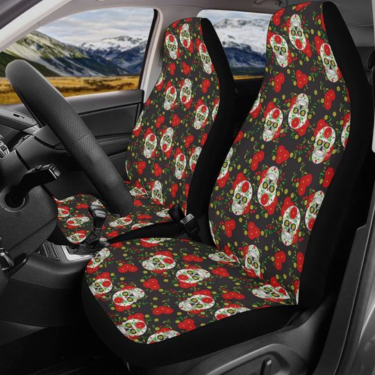 Discover Rose skull rug for car, halloween car seat cover, christmas skull car seat cover full set, horror mat for car, skull rug for car, horror mat