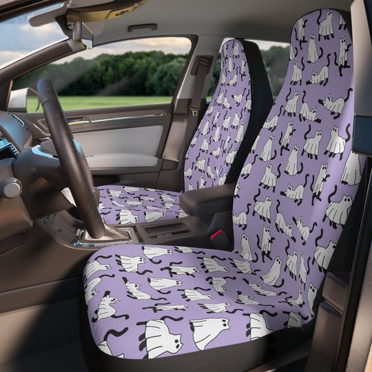 Discover Purple Ghost Cat Car Seat Covers for Front Seats - 2 Pack, Spooky Car Accessories for Women, Cute Car Decor Gift