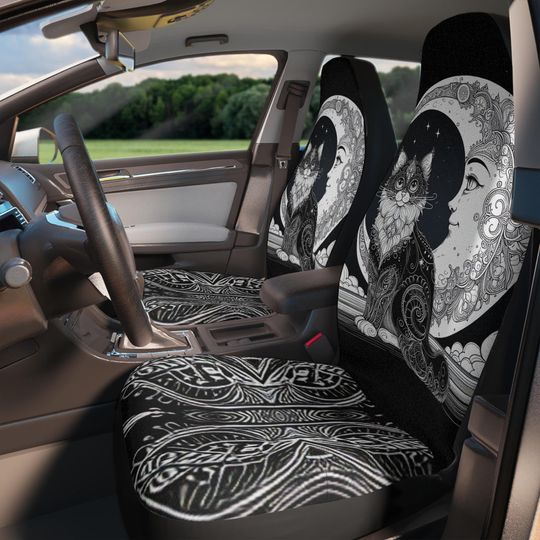 Moonlit Cat Car Seat Covers, Goth Bohemian Car Interior, Goth Auto Accessories, Halloween Car Decor, Witchy, Pagan, Black Cat Love Gift, Her