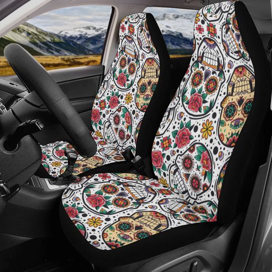 Discover Floral Sugar skull Car Seat Covers car mats, Rose Candy skull car seat cover mats mexican gothic skull car seat protector covers mats