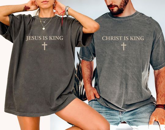Discover Jesus Is King T-Shirt, Christian Shirt with Cross Sleeve, Jesus Lover Gift for Women and Couples