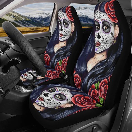 Sugar skull girl car seat cover, Sugar skull Car Seat Covers car mat flower skull car seat protector candy skull car accessories seat cover