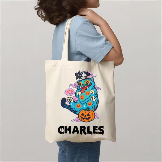 Personalized Demon Hunter Cat Tote Bag, Halloween Candy and Trick-or-Treat Tote