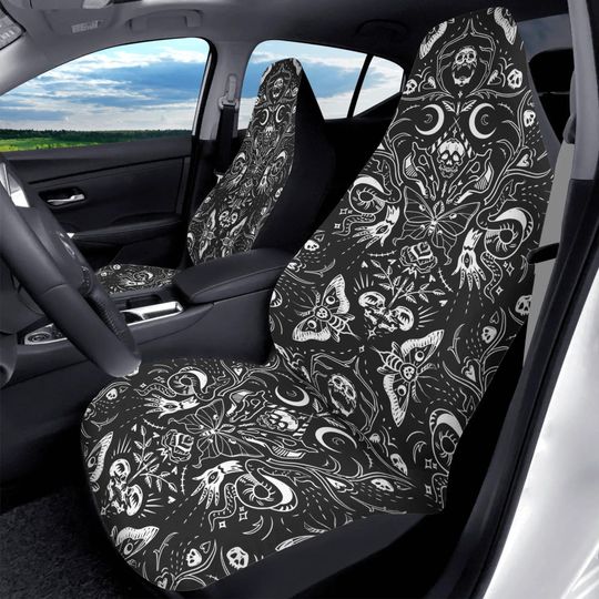Discover Gothic Skulls & Moths Car Seat Covers: Witchy Car Decor Set