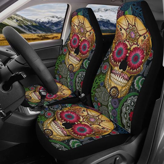 Discover Sugar skull seat cover for car, Day of the dead Seat Covers mat for car, Candy skull car seat protector accessories skull seat cover for car