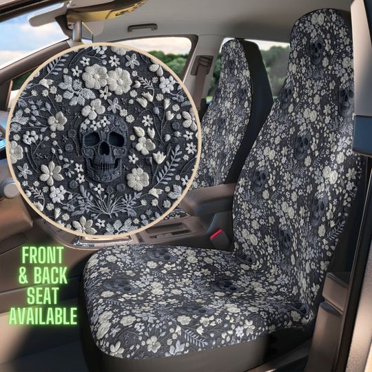 Discover Floral Skull Car Seat Cover for Vehicle Full Set Faux Embroidery, Car Seat Covers for Women, Gothic Flower Seat Cover Black, Car Gift
