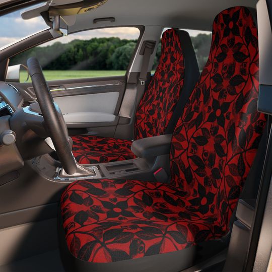 Red Skull Car Seat Covers, macabre gothic watercolor botanical print art vehicle upholstery covers for spooky metalhead vehicle truck van