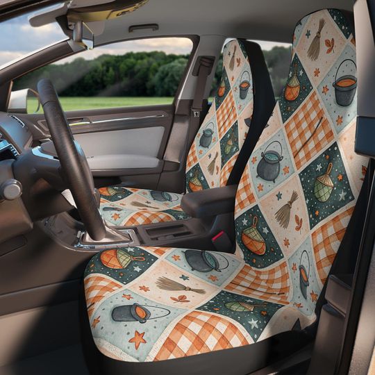 Discover Coquette Pumpkin Set of 2 Car Seat Covers, Patchwork, Ghosts & Hearts, Kawaii Halloween Car Decor, Spooky Cute Auto Accessories for Women