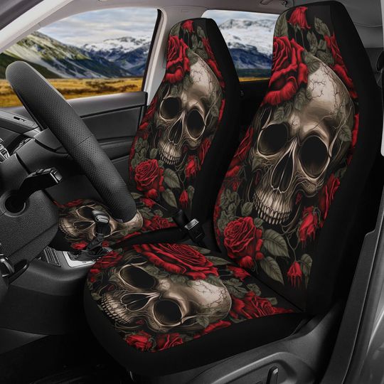 Discover Rose skull rug for car, skull in fire front and back car seat covers, death skull car mat, skull seat cover protector, skull car seat covers