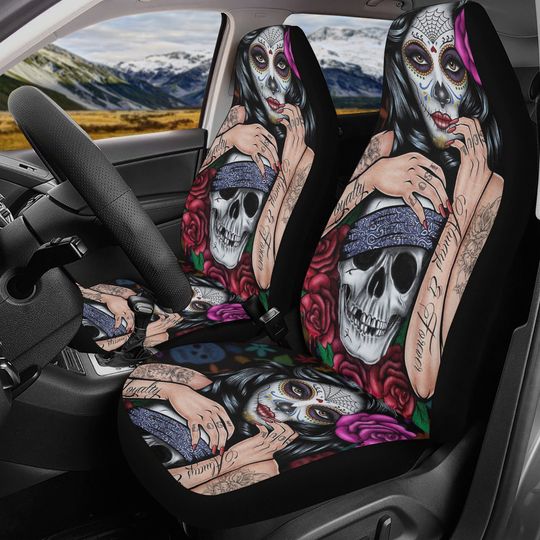 Sugar skull girl car seat cover, Sugar skull Car Seat Covers car mat flower skull car seat protector candy skull car accessories seat cover