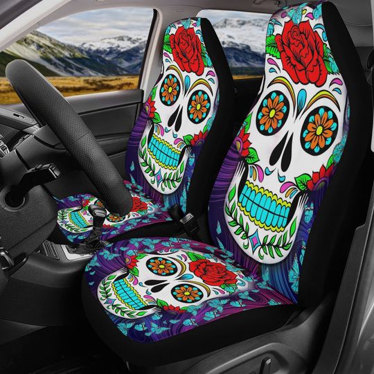 Discover Flower Candy skull seat cover for car, floral sugar skull Seat Covers mat for car, skull seat cover rug mat for car, skull car seat covers