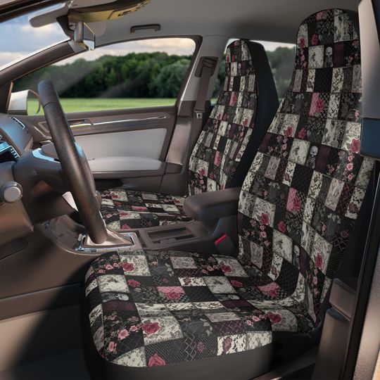 Discover Gothic Car Seat Covers, Goth Patchwork Vintage Printed Quilt Style Car Seat Protector, Gothic Cute Car Accessories, Horror Vampire Style Car