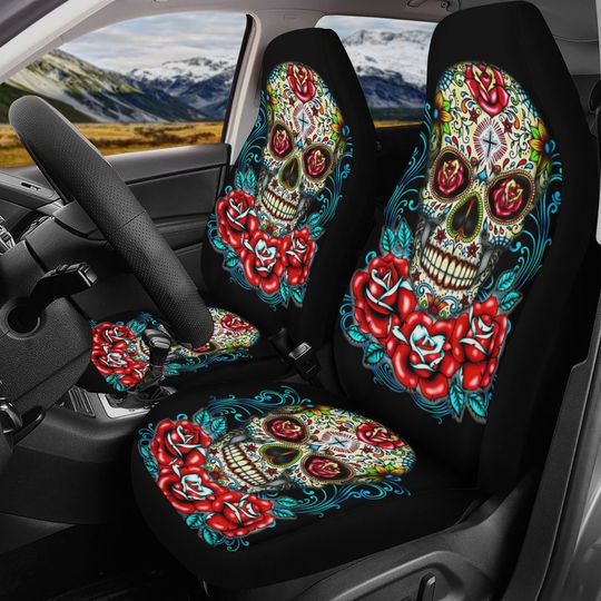 Discover Rose sugar skull seat cover for car, floral sugar skull Seat Covers mat for car skull seat cover rug mat for car candy skull car seat covers