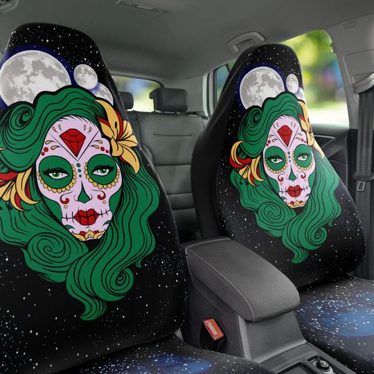 Skull Sugar Moon Car Seat Covers Set of 2, Universal Fit. Cute Car Interior Protection, Durable Car Covering, Dia de los muertos calavera