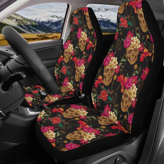 Floral skull Car Seat Covers car mats, Sugar skull car seat protector car mats, Rose candy skull gothic skull car seat protector covers mats