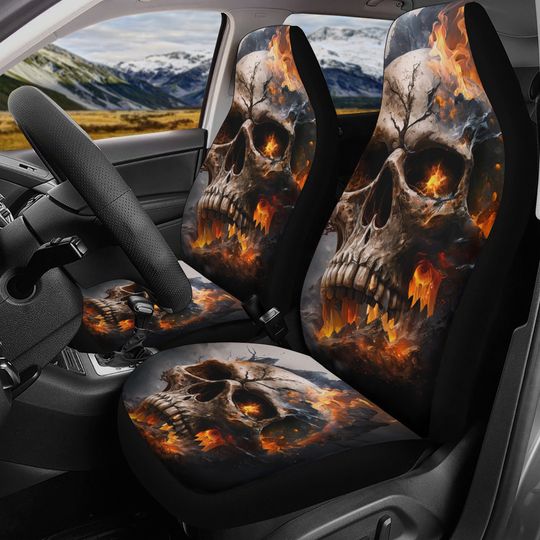 Discover Flaming skull car seat , skull rug mat for car, halloween car shifter gear cover, death skull armrest covers, death skull seat cover protect
