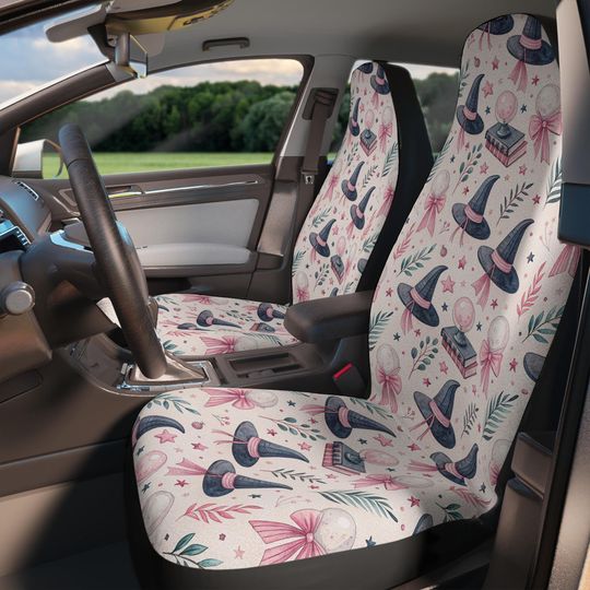 Discover Halloween Coquette Set of 2 Car Seat Covers, Pink Bows, Ghosts & Hearts, Kawaii Girly Car Decor, Spooky Cute Auto Accessories for Women