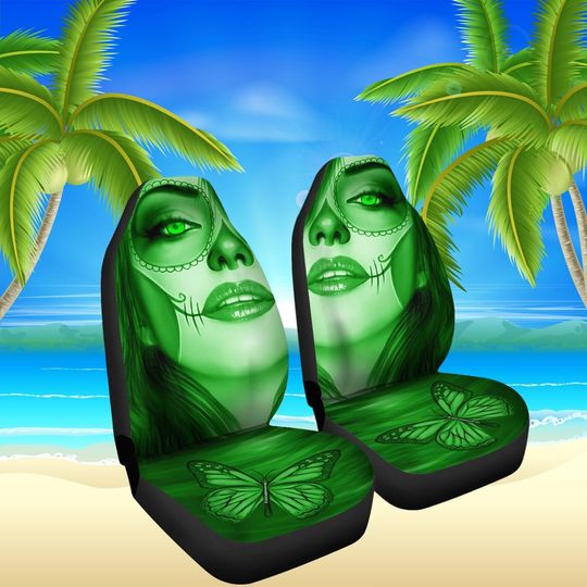 Calavera (Day Of The Dead / Dia De Los Muertos) Halloween Skull Design #3 Pair Of Micro Fiber Car Seat Covers (Green Emerald)