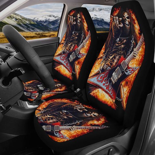 Discover Skull Guitarist seat cover for car, grim reaper rug mat for car, Guitarist skeleton car seat cover ghost gothic skull car seat cover car mat