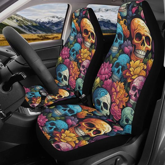 Evil face rug mat for car, floral skull slip-on seat covers, dark horror seat cushion, evil car accessories, flame skull car seat cover full