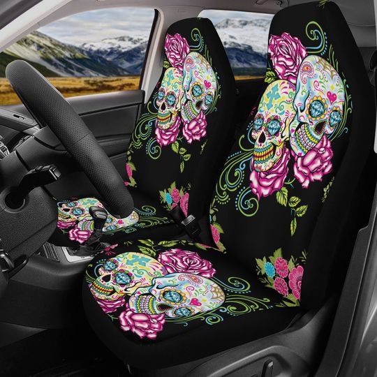 Discover Sugar skull Flower car seat cover, Sugar skull Seat Covers for car, skull car seat protector mat Mexican skull car accessories seat cover