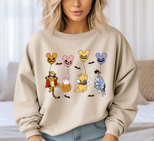 Discover Winnie The Pooh And Friends Halloween Sweatshirt, Disneyland Halloween Sweatshirt, Spooky Season Hoodie, Winnie The Pooh Balloon Sweatshirt