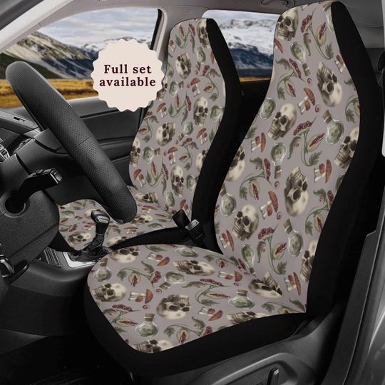 Witchy Skull Car Seat Cover For Vehicle Mushroom Steering Wheel Cover Potion Bottle Car Decor Venus Fly Trap Gray Dark Academia Car Sunshade