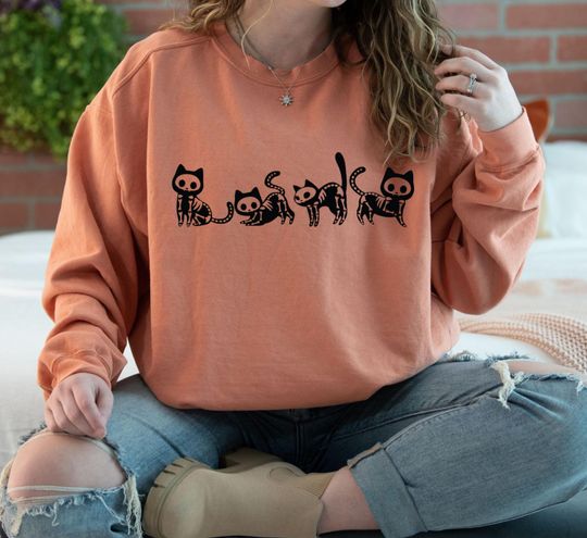 Halloween Skeleton Cat Sweatshirt, Cat Owner Halloween Gift, Halloween Cat Sweatshirt, Cat Lover Halloween Sweatshirt