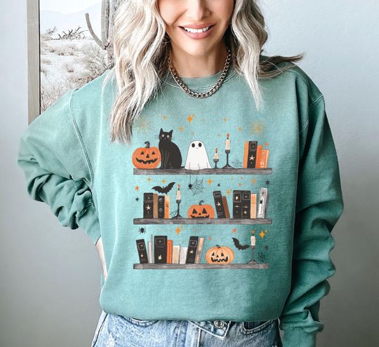 Pumpkin Cat Ghost And Book Sweatshirt, Book Lover Halloween Sweatshirt, Teacher Gift, Halloween Teacher Sweatshirt