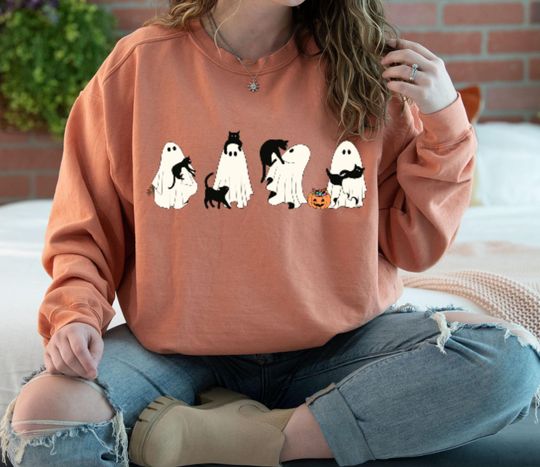 Spooky Season Cat Sweatshirt, Halloween Cat Sweatshirt, Ghost Sweatshirt, Ghost And Cat Sweatshirt, Halloween Gift