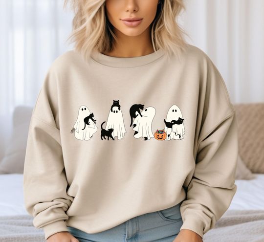 Discover Ghost Sweatshirt, Halloween Cat Sweatshirt, Spooky Season Cat Sweatshirt, Halloween Gift, Ghost And Cat Sweatshirt, Spooky Sweatshirt