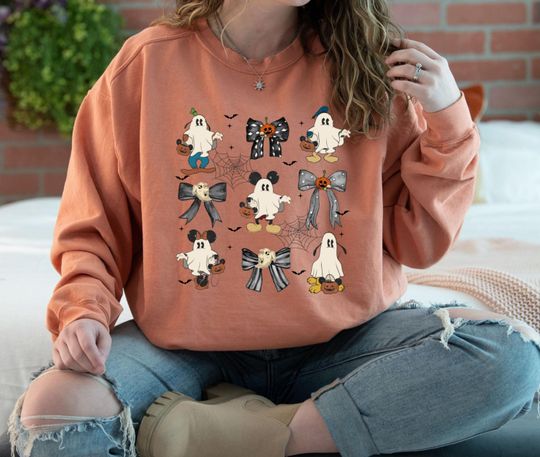 Discover Disney Ghost Sweatshirt, Mickey & Friends Ghost Coquette Bow Halloween Sweatshirt, Spooky Season, Disney Family Sweatshirt