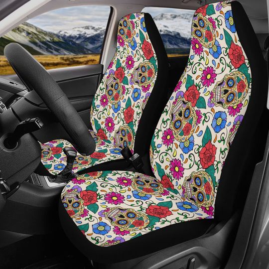 Discover Candy skull calaveras Mexican skull Car Seat Covers car mats, day of the dead car seat cover mats, sugar skull car accessories covers mats