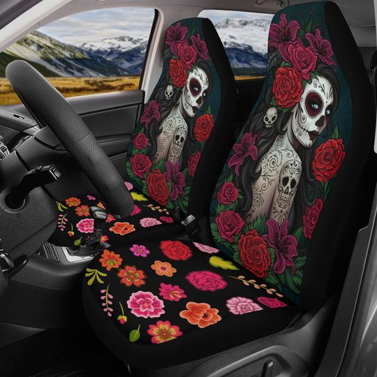 Discover Flower Sugar skull Car Seat Covers car mat flower skull car seat protector rose Mexican skull car mat candy skull car accessories seat cover