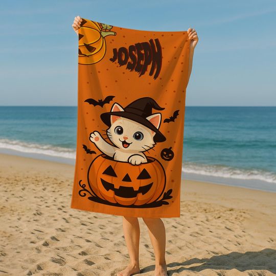 Discover Halloween Personalized Pumpkin Beach Towel