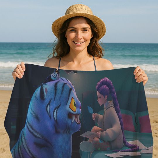 Custom Anime Girl Beach Towel, Kpop Demon Hunters, Rumi and Blue Tiger, Personalized Gift for Her