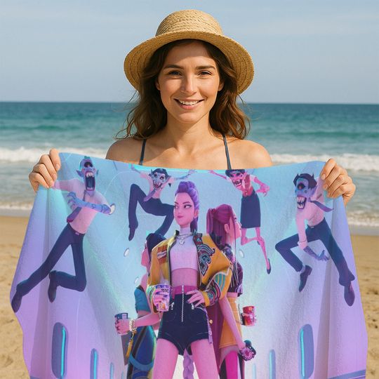 Kpop Demon Hunters Beach Towel, Anime Style Summer Towel with Digital Art Characters, Birthday Gift