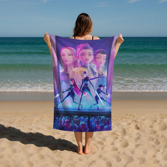 Kpop Anime Girl Beach Towel, Demon Hunters, Personalized Cotton Beach Towel